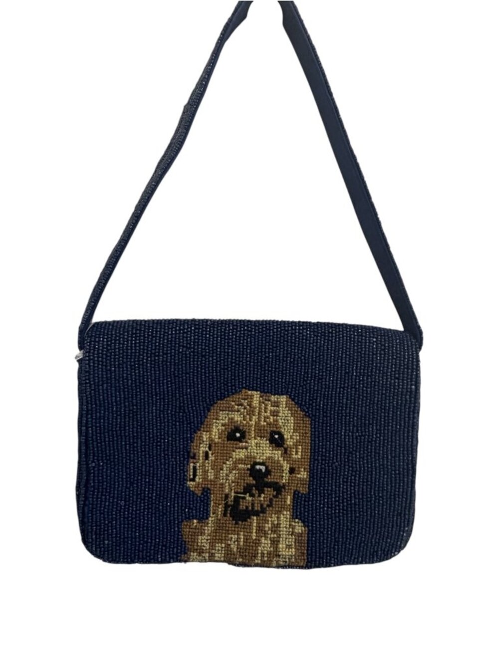 Beaded Doodle Dog Puppy Bag Handmade India Navy Blue NWT